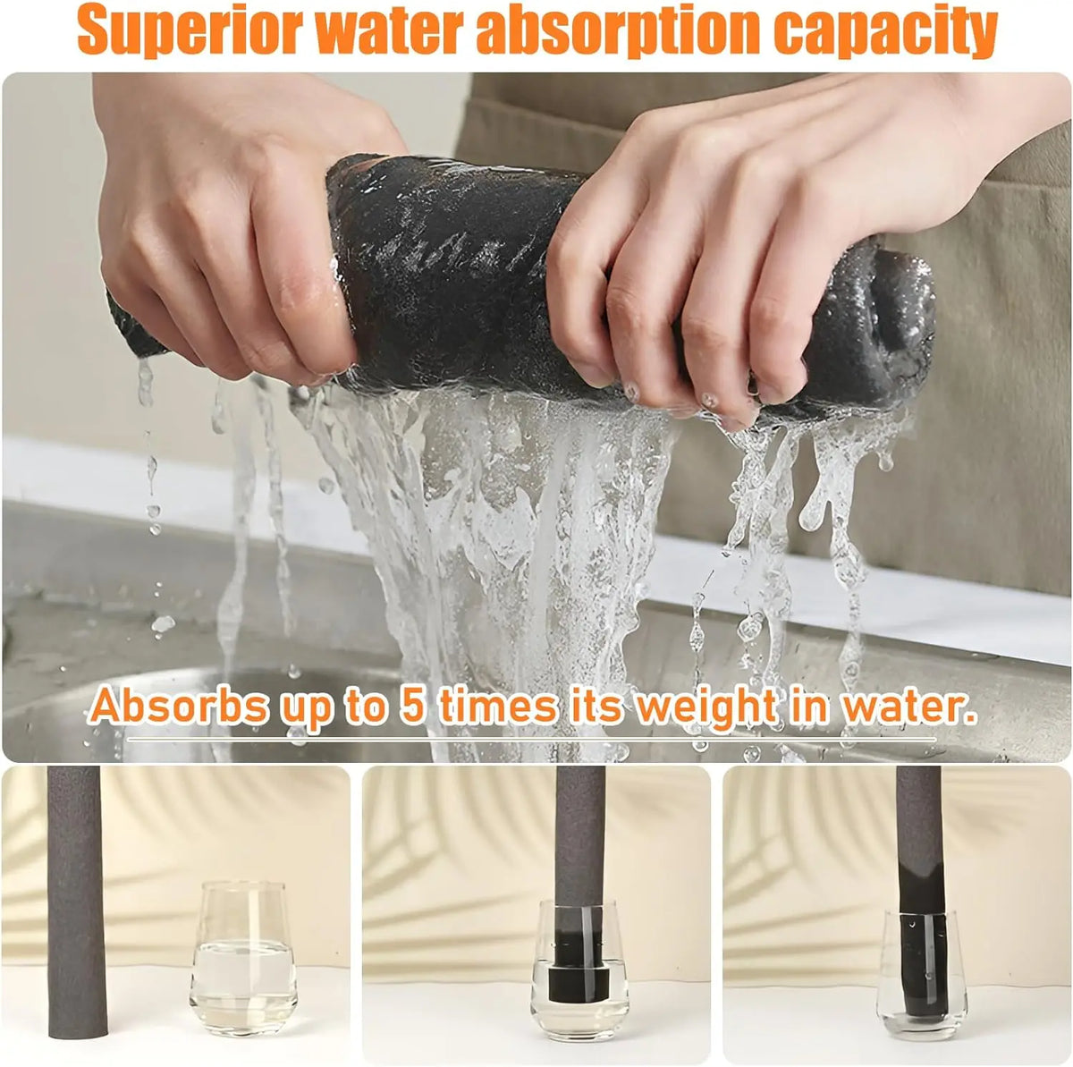 Hands demonstrate the superior water absorption capacity of a reusable microfiber glass cleaning cloth, which absorbs up to f