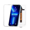 A blue iPhone screen is shown inside a clear protective frame, demonstrating a privacy screen protector.