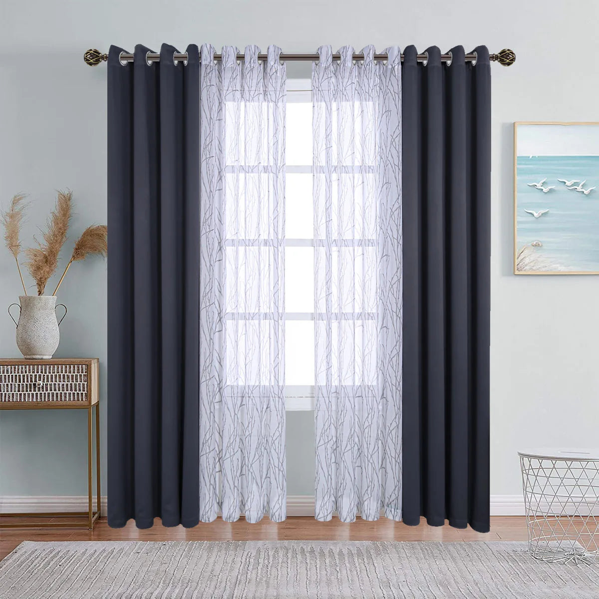 Dual layer window curtains featuring sheer white fabric and dark gray blackout panels hanging on a rod.