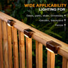 A close-up of a solar deck light fixture mounted on a wooden railing, highlighting its wide applicability for outdoor lightin