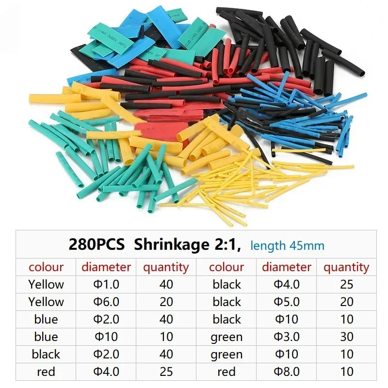 A multipack of heat shrink tubing in various colors and diameters, including yellow, blue, red, and black.