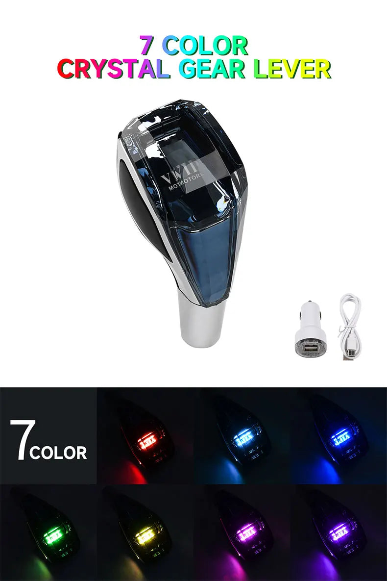 A close-up view of a crystal gear lever with seven different colored LED illumination options.