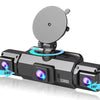 A black multi-channel 360 degree dash camera mounted, showing various recording angles like 180 degrees and 360 degrees.