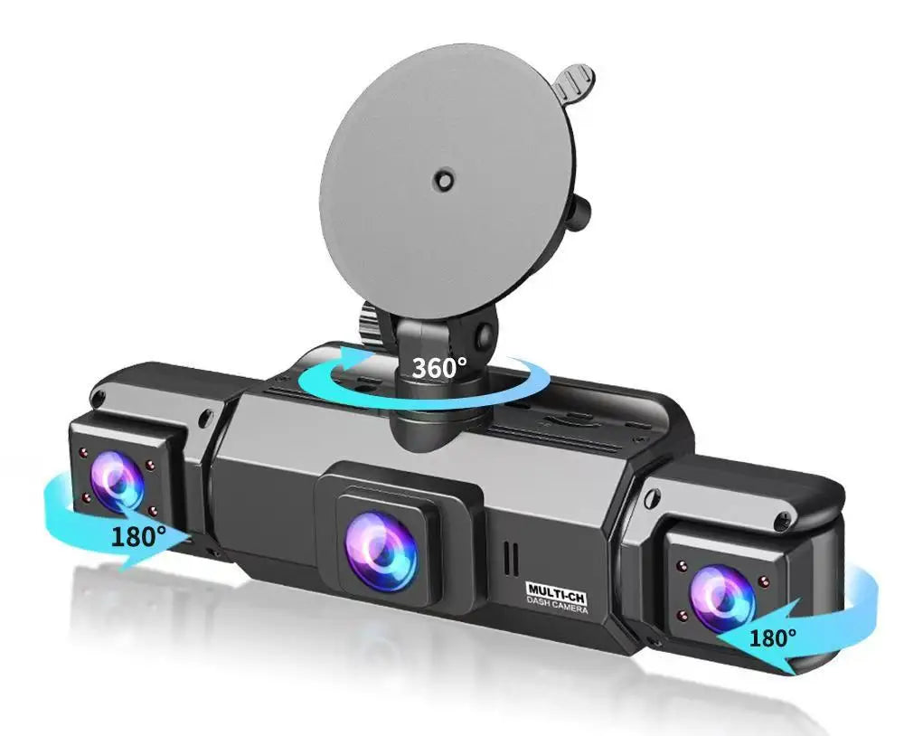A black multi-channel 360 degree dash camera mounted, showing various recording angles like 180 degrees and 360 degrees.