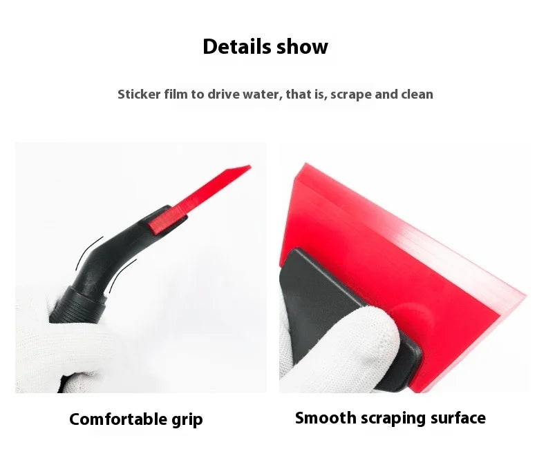 A red sticker film scraper with a black handle and a smooth scraping surface shown for driving water, scrape, and cleaning.