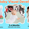 A set of high contrast baby flash cards and a tummy time mirror showing visual development stages for infants.