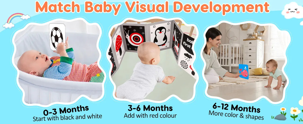 A set of high contrast baby flash cards and a tummy time mirror showing visual development stages for infants.