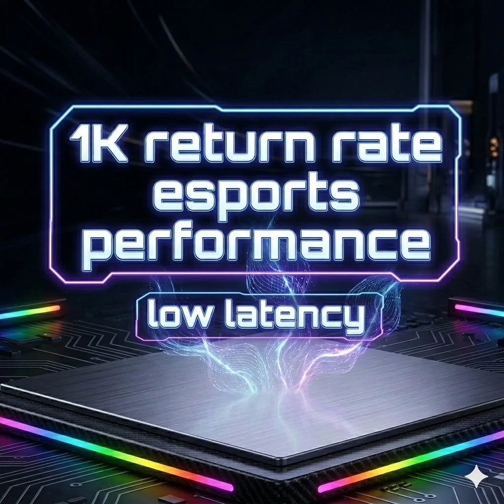 Neon text displays 1K return rate esports performance and low latency on a dark circuit board surface.