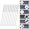 A set of reusable straw cleaning brushes with stainless steel handles shown alongside various items they can clean, including