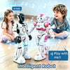 Three friendly intelligent robots interacting with children on a wooden floor