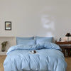 A light blue quilted duvet cover set with matching pillowcases on a bed against a white wall.