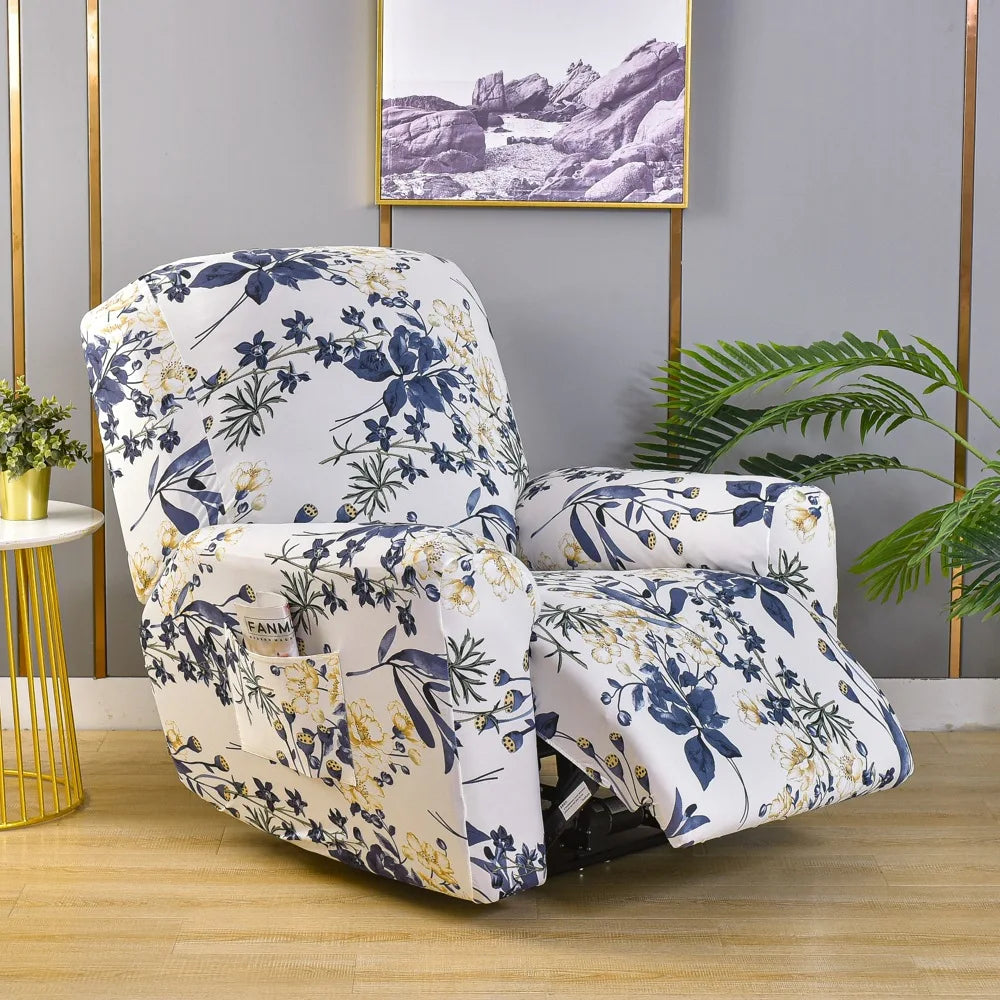Printed Recliner Cover with Side Pocket — 4-Piece Set