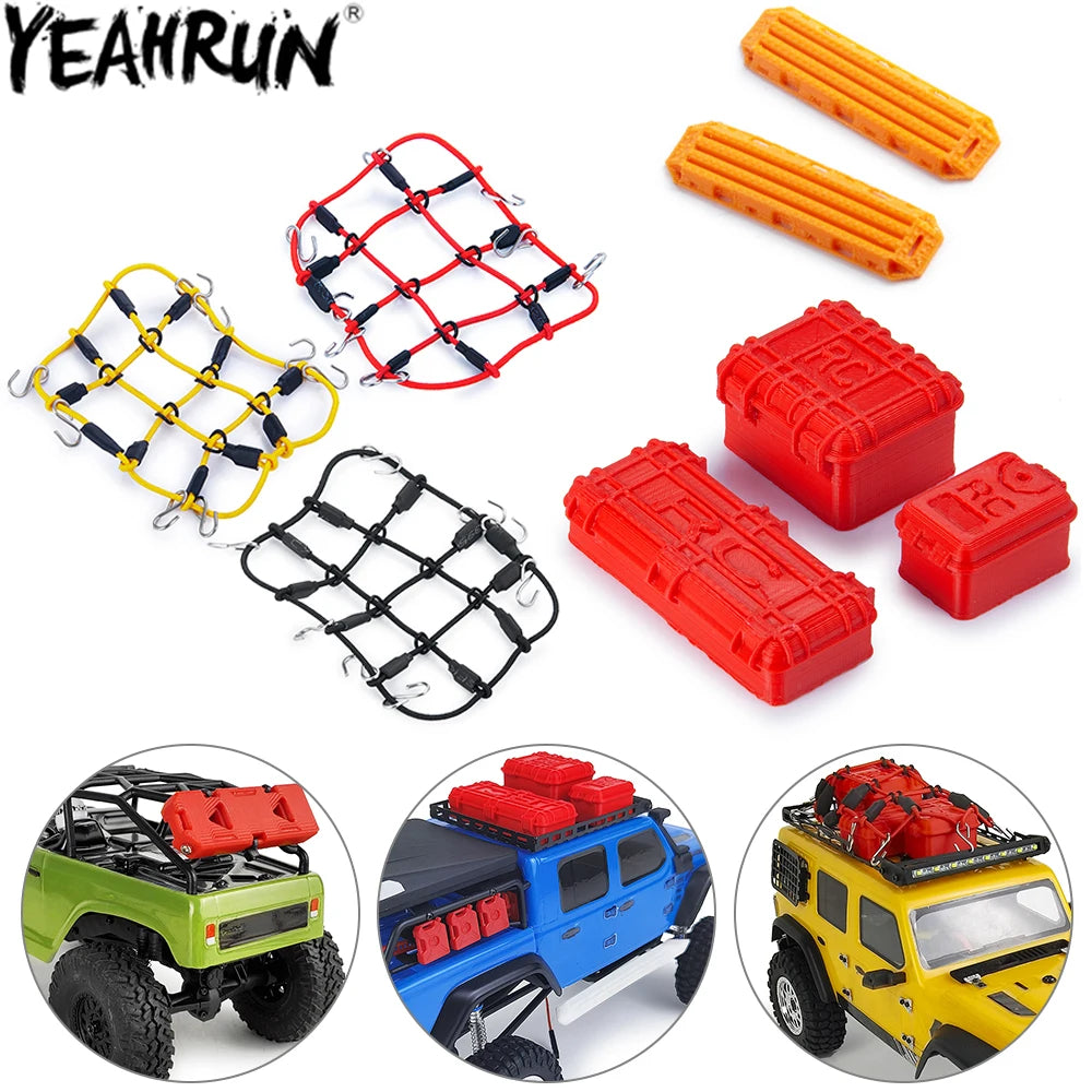 A set of mini jack stands and tools for 1/18 and 1/24 RC crawlers, including orange and red components.