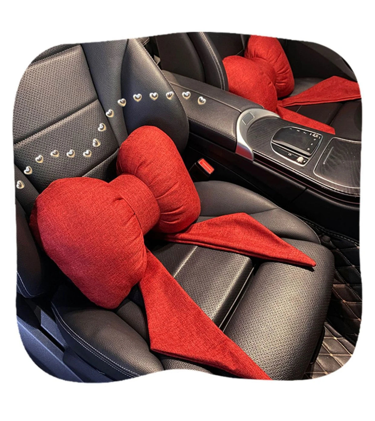 A red butterfly bow tie neck pillow with a matching cotton and linen cover shown in a car seat interior.