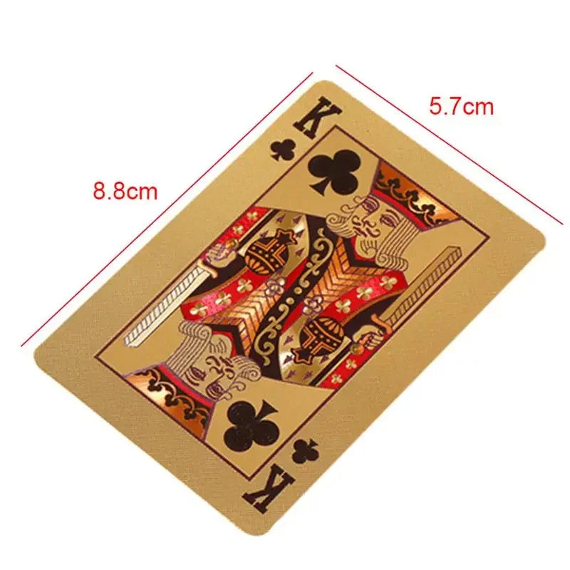 A gold playing card featuring a King of Clubs design with dimensions marked.