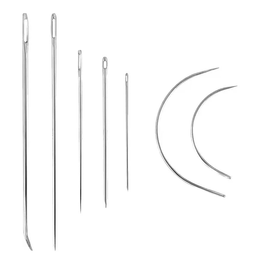 A set of professional leather sewing kit components including waxed thread and various needles.