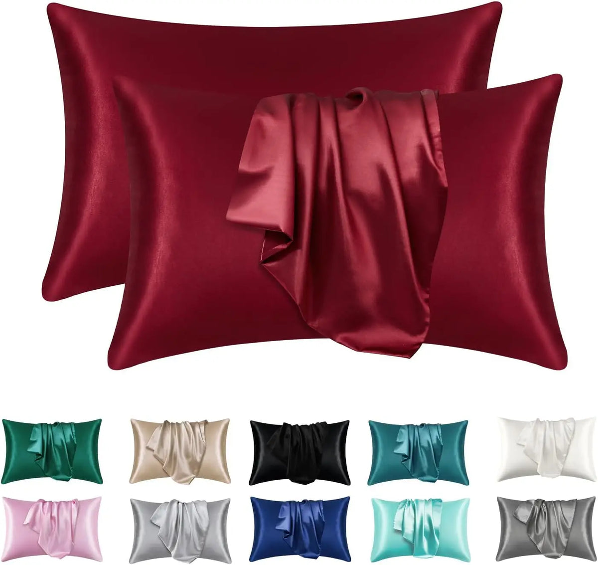 Un juego de fundas de almohada de seda satinada en varios tonos, incluyendo coral, rojo y verde.