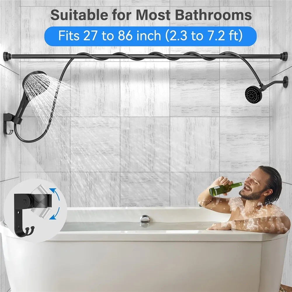 A dual shower head system with adjustable arms mounted on a bathroom wall above a bathtub.