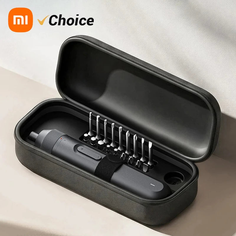 A black SmartPicks electric screwdriver with dual mode and LED light is shown inside its open storage case.