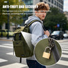 A young man wearing a gray hoodie carries a dark olive green backpack featuring an anti-theft lock on the zipper.