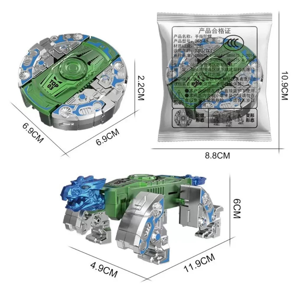 A green and silver fidget toy with a robot design, shown in various views and dimensions.