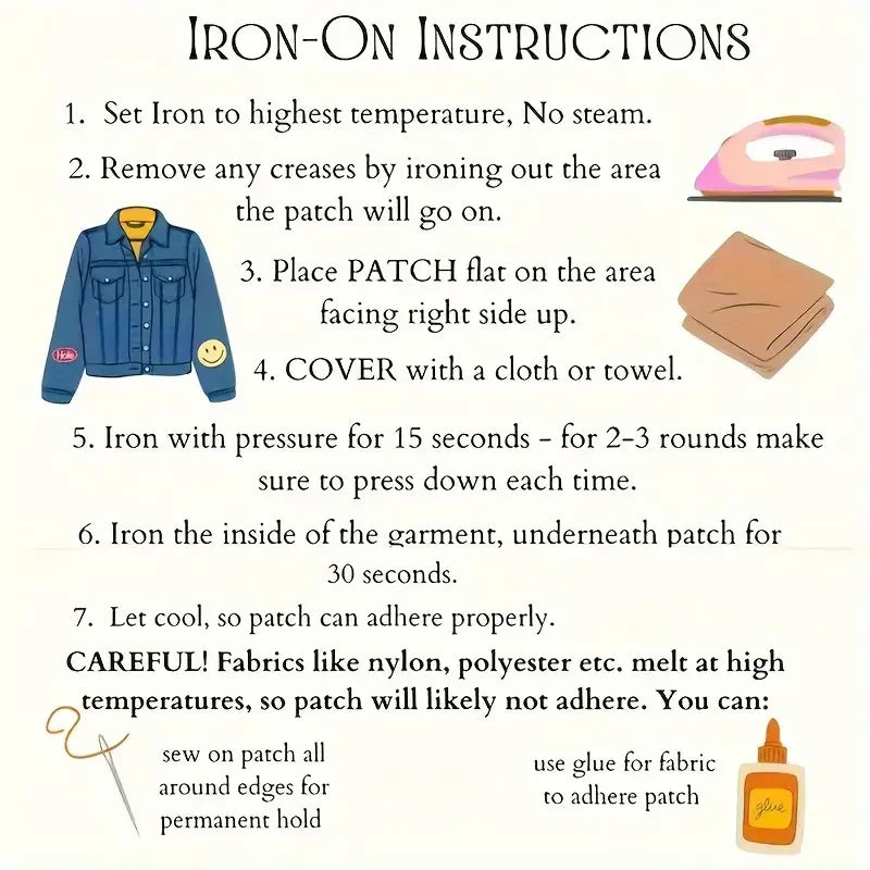 Instructions for using an iron-on patch, showing steps like setting temperature and pressing the garment.
