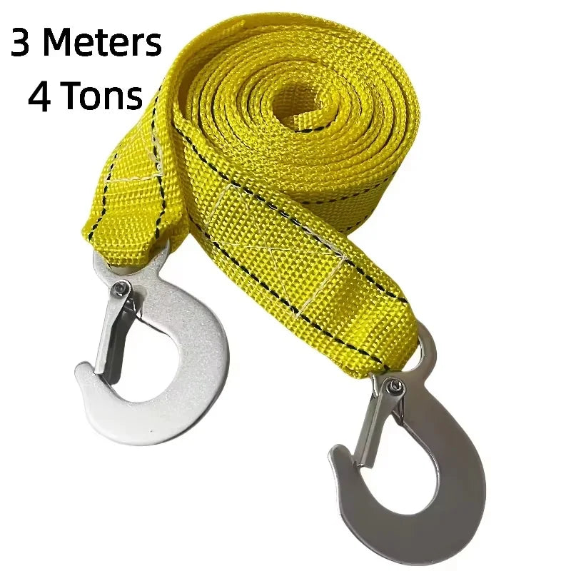 Yellow heavy duty tow strap measuring 3 meters, rated for 4 tons, with metal hooks.