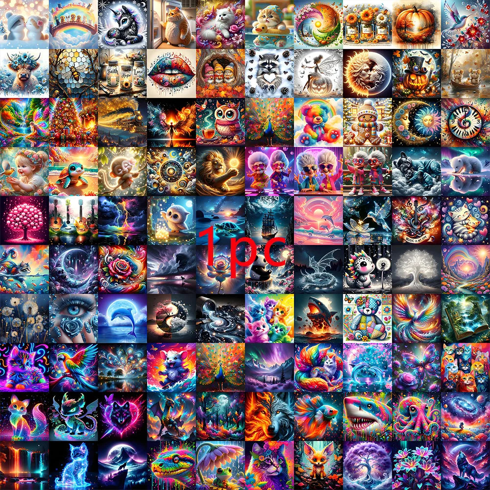 A grid of colorful diamond painting and cross stitch art featuring various cartoon, fantasy, and abstract designs.