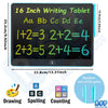 A 16 inch LCD writing tablet displaying mathematical equations and letters for drawing, spelling, and counting.