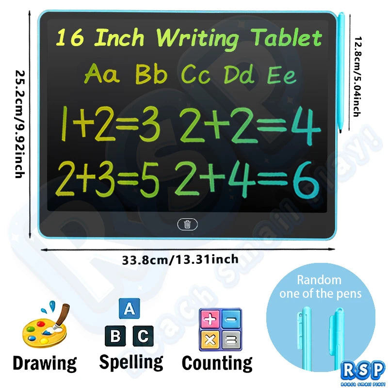 A 16 inch LCD writing tablet displaying mathematical equations and letters for drawing, spelling, and counting.
