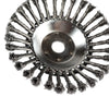 Close-up view of a carbon steel wire trimmer head with multiple cutting wires.