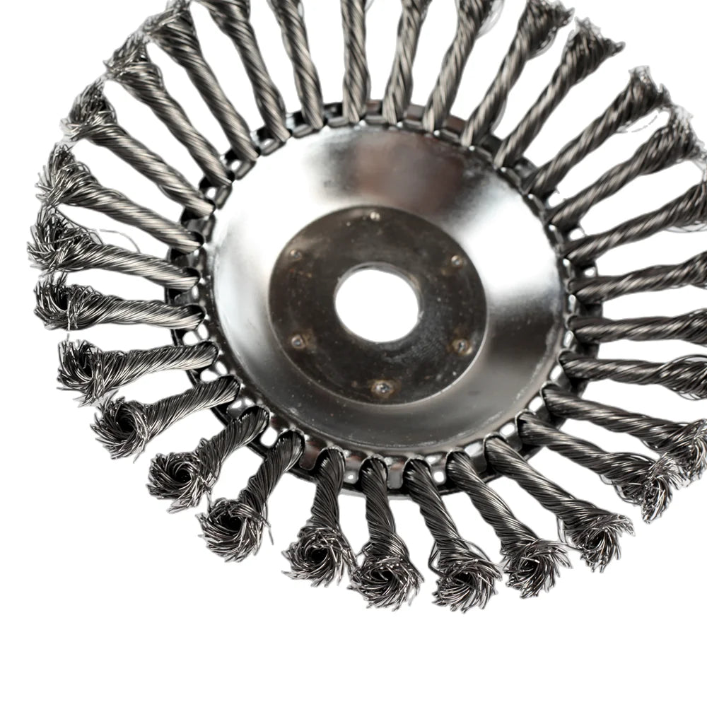 Close-up view of a carbon steel wire trimmer head with multiple cutting wires.