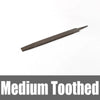 A dark metal flat file with medium teeth used for precision metalworking.