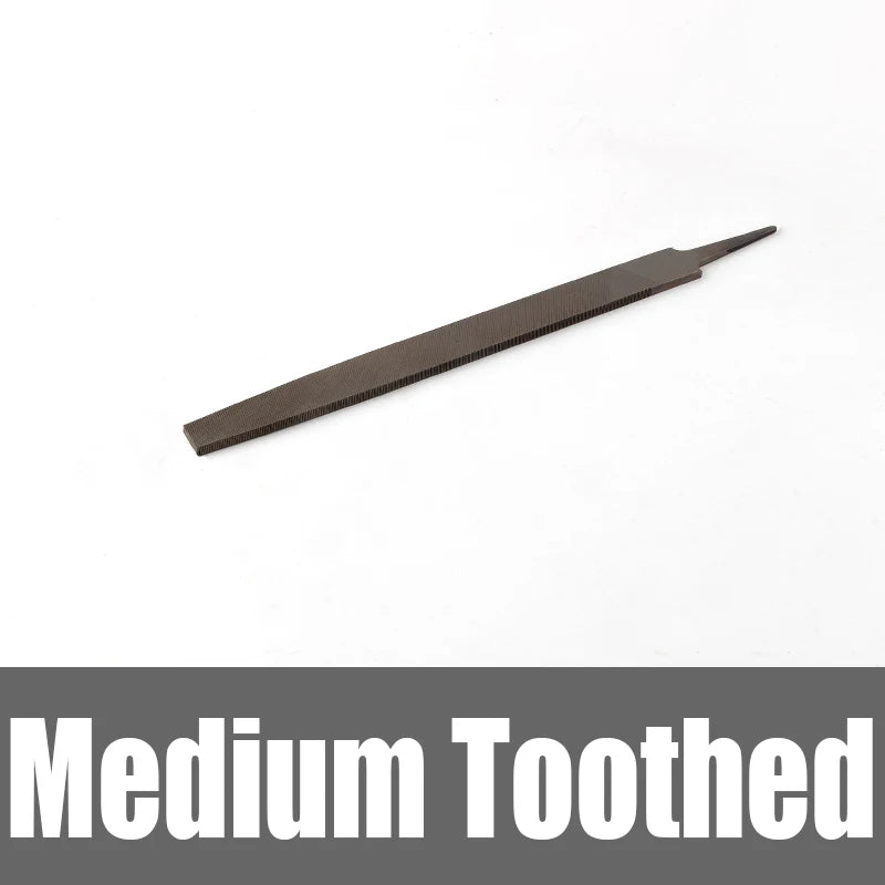 A dark metal flat file with medium teeth used for precision metalworking.