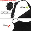 Black adjustable neck strap bib apron shown with length range details and a close-up of the fabric.