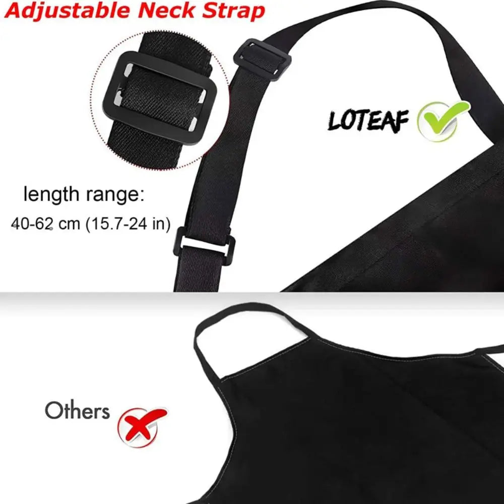 Black adjustable neck strap bib apron shown with length range details and a close-up of the fabric.