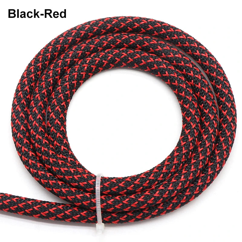 Black-red braided cable sleeve for flexible wire protection and sheathing