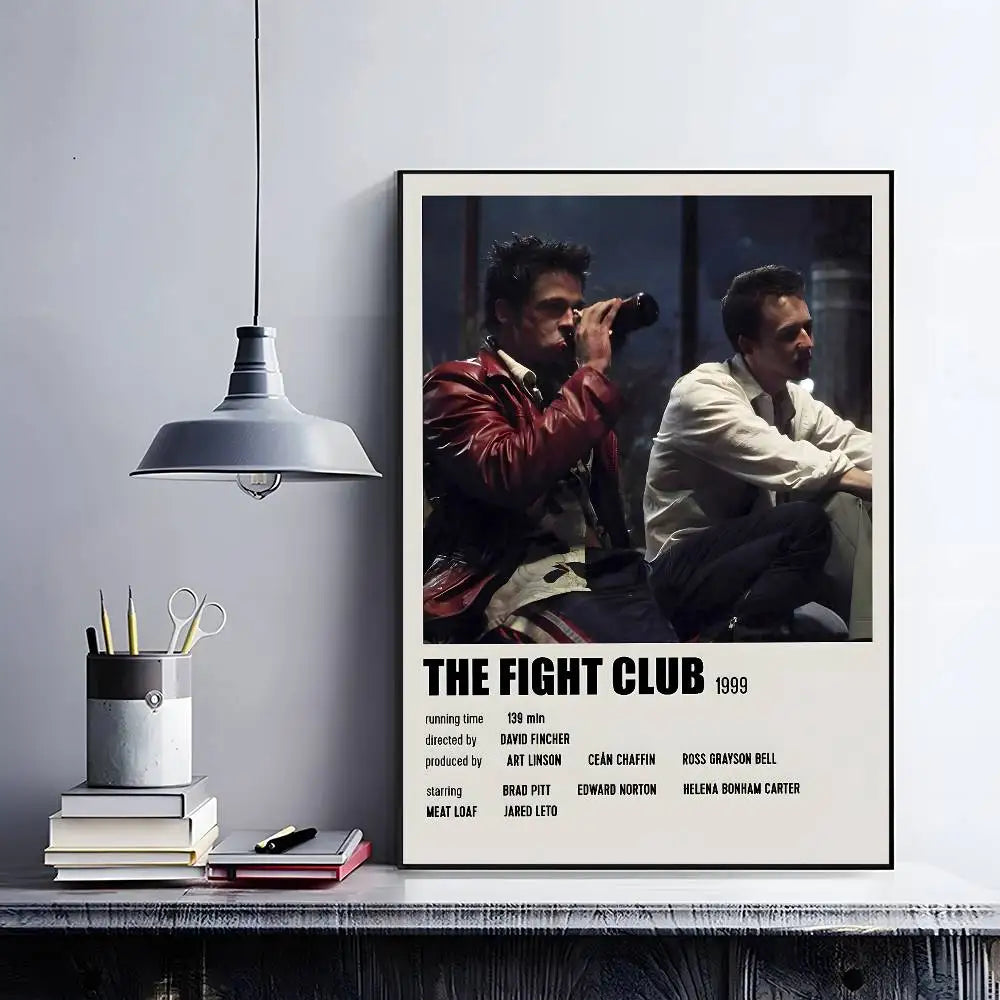 A framed movie poster of Fight Club featuring two men in dramatic lighting and a dark background.