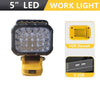 A 5 inch LED work light with a yellow base and two USB charging ports for Dewalt tools.