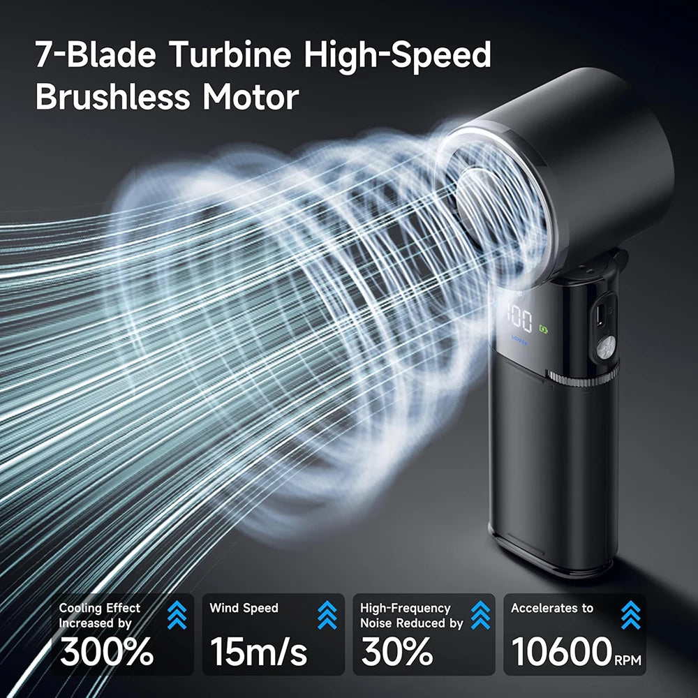 A black 7-blade brushless motor is shown generating a strong, high-speed airflow from a handheld device.