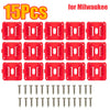 A set of 15 red plastic wall-mount battery holders and screws for Milwaukee power tool batteries.