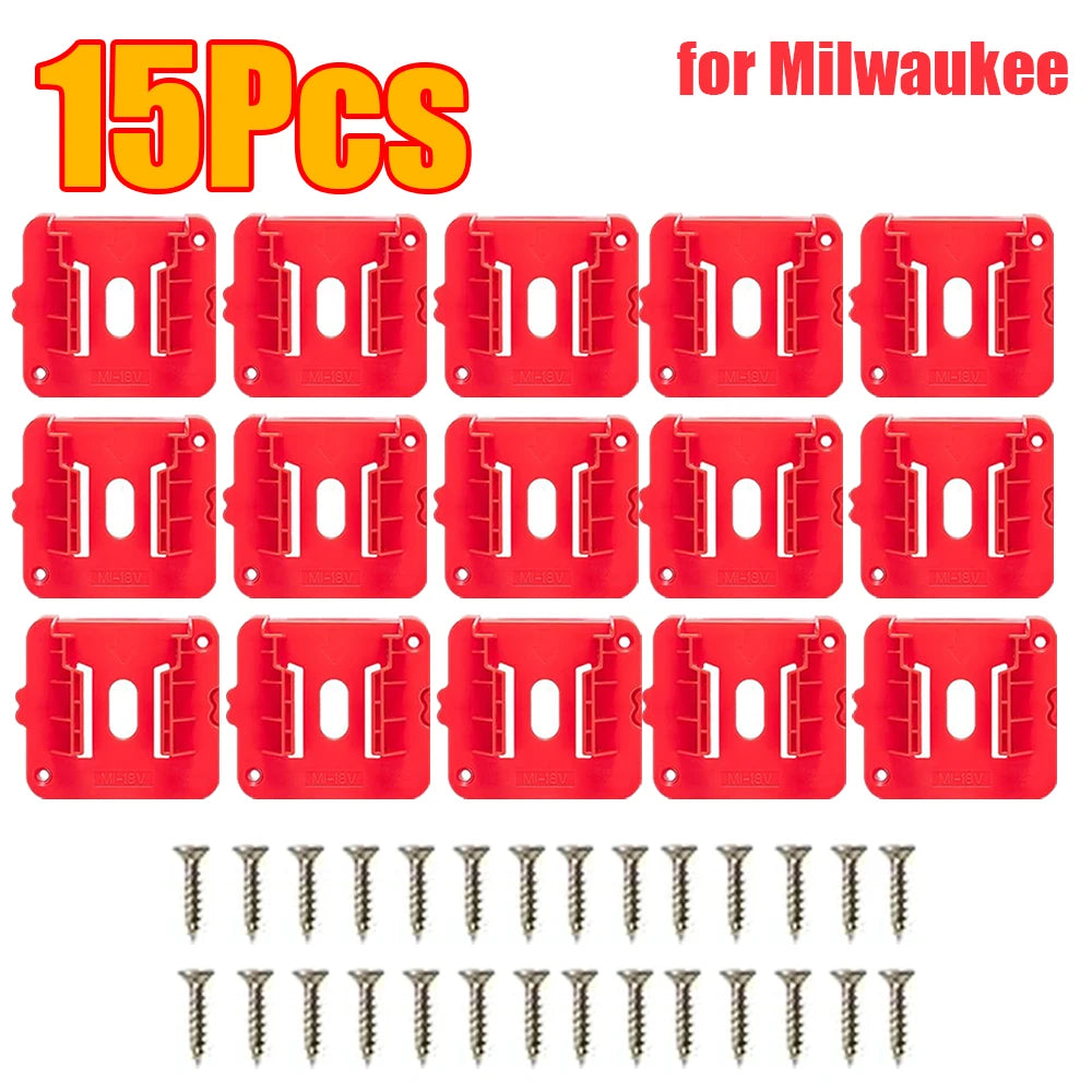 A set of 15 red plastic wall-mount battery holders and screws for Milwaukee power tool batteries.