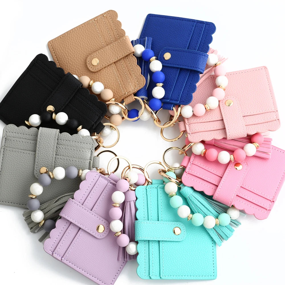 Silicone Bead Bracelet with Leather Card Holder and Tassel