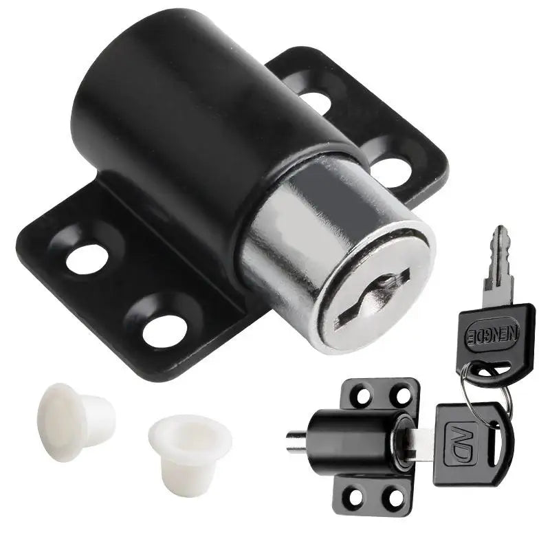 A set of sliding door window locks, including a main lock mechanism and two keys, for child safety and anti-theft.
