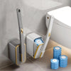 A disposable toilet brush set with an automatic lid and replacement heads is shown next to a white toilet.