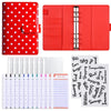 A red polka dot PU leather binder wallet with cash envelopes and card holder shown in multiple views.
