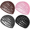 Three mesh crochet hair nets in brown, pink, and black showing different patterns.