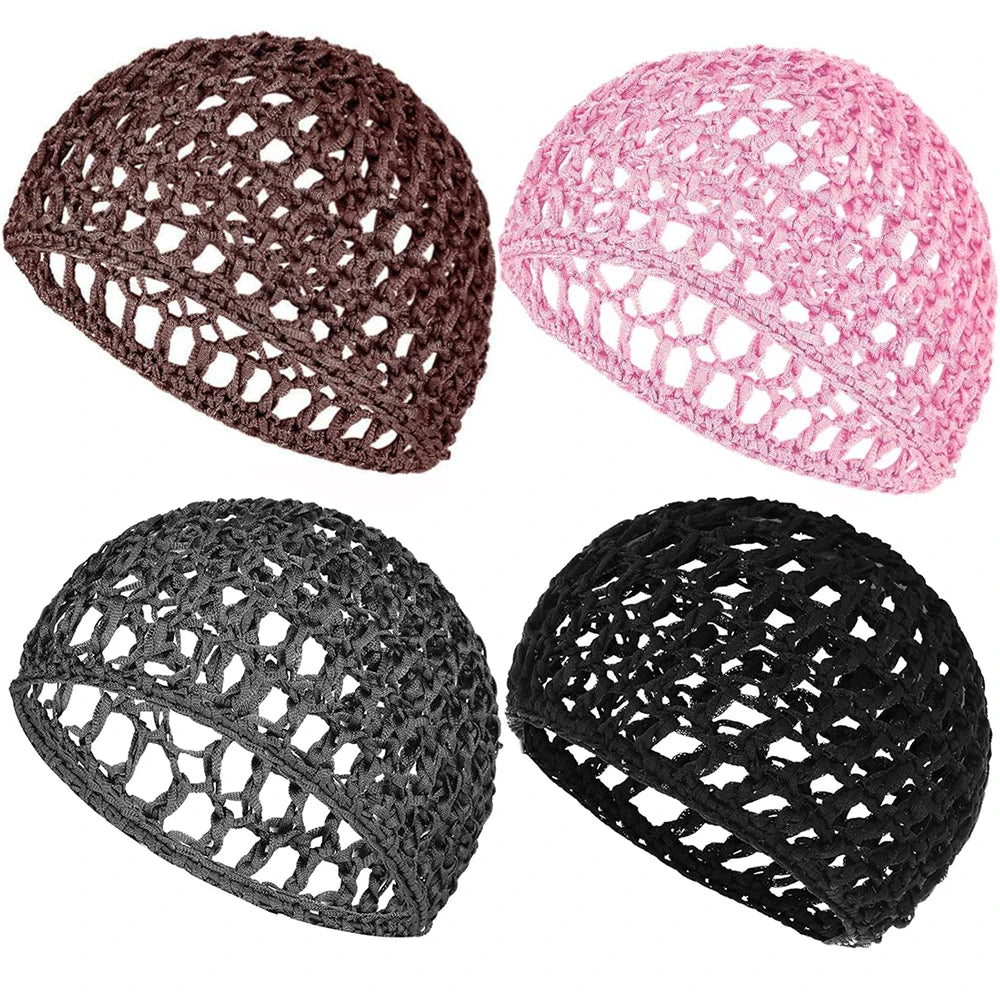 Three mesh crochet hair nets in brown, pink, and black showing different patterns.