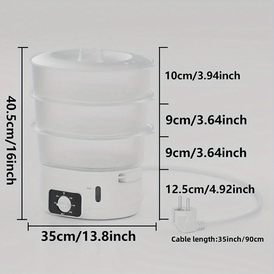 A white electric food steamer with a removable lid and a cord, shown with various dimensions.