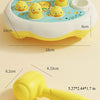 A yellow toddler hammer-pounding toy featuring duck, frog, or pig designs, shown with its dimensions.
